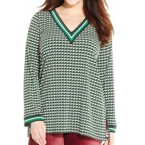 Michael Kors Green Geometric Long Sleeve V Neck Tunic Blouse Size 1X